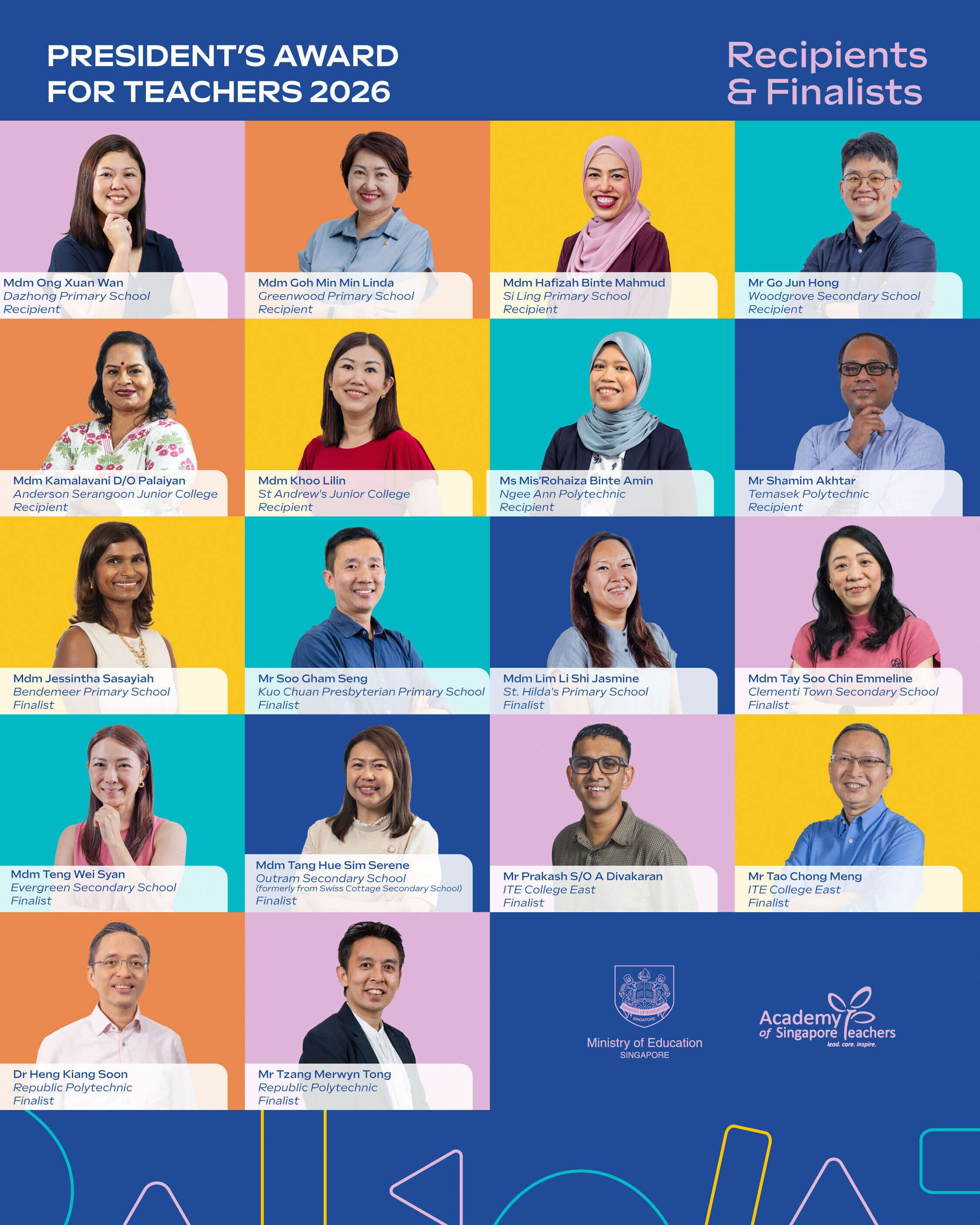 Poster showing headshots of 18 teachers named as 2026 President's Award for Teachers recipients and finalists.